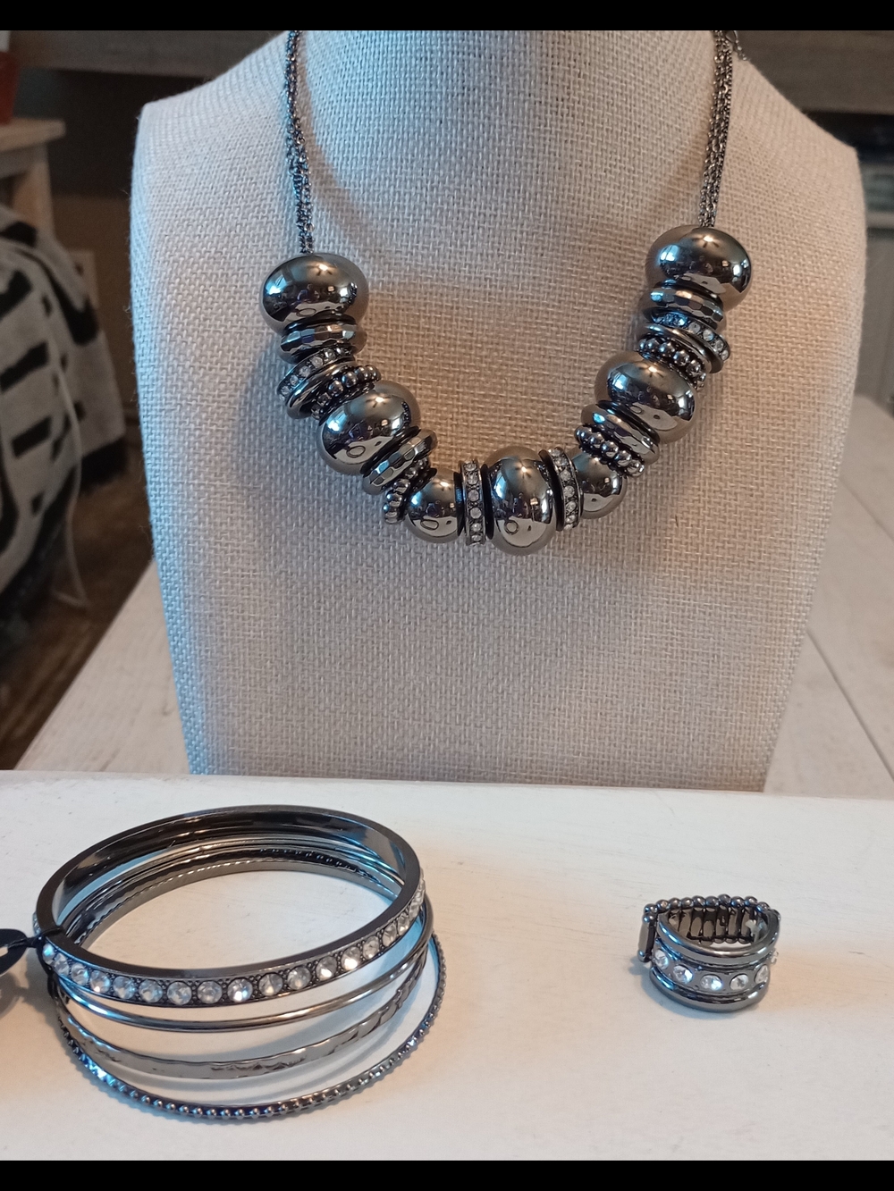 Silver-Tone Beaded Statement Necklace and Bangle Set - Women's Jewelry
